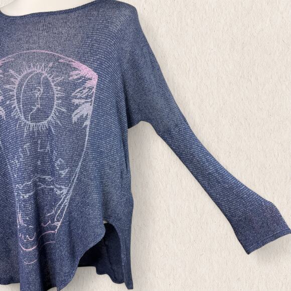 Hollister Sheer Knit Oversized Sweater XS/S Navy Blue Boho Moon Graphic Coastal - Picture 3 of 8